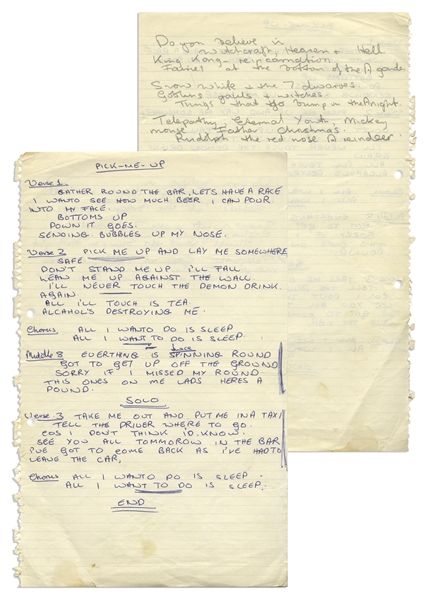 John Entwistle of The Who Handwritten Lyrics to ''Pick-Me-Up'' -- With Partial Handwritten Lyrics on Verso to ''I Believe in Everything''